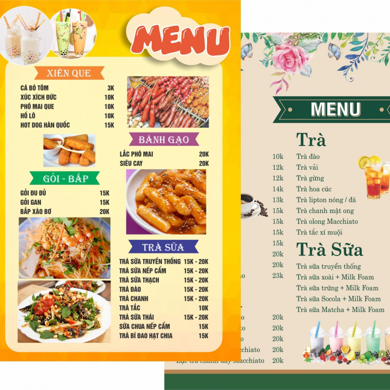 Mẫu menu thông dụng